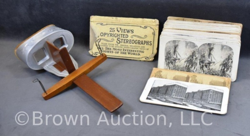 Underwood and Underwood stereoscope and approx. 95 cards incl. military, Sears, Roebuck and Co., etc.