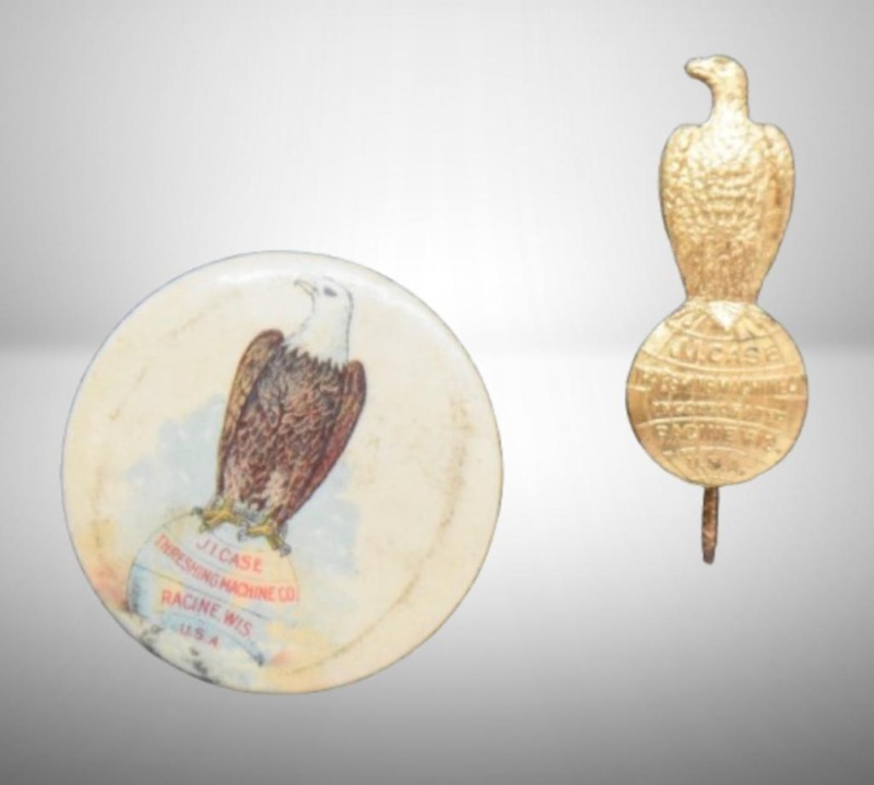 (2) J.I. Case tractor novelties, eagle on globe logo: stick pin and button pin