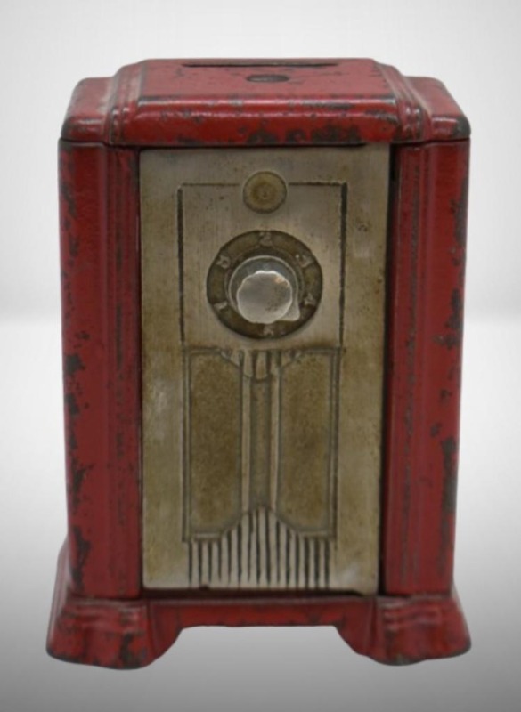 Mrkd. Kenton Cast Iron upright radio 4.5" still bank, red