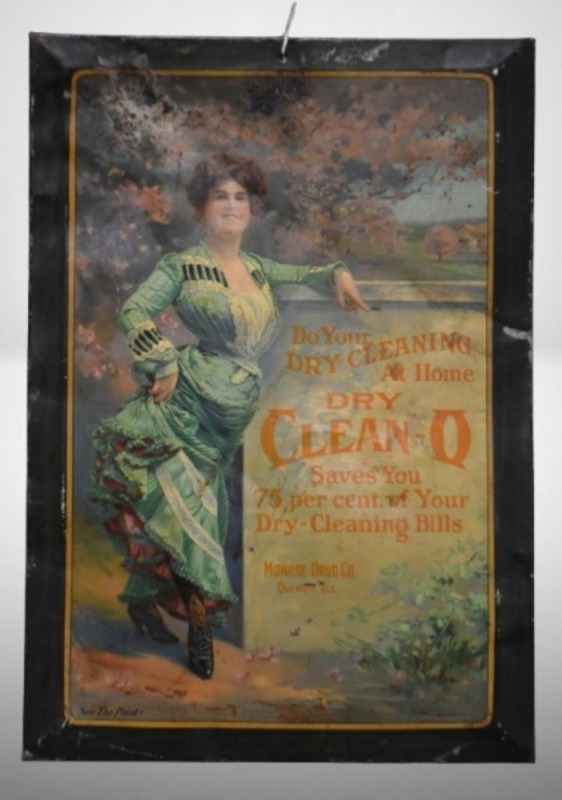 Vintage advertising self-framed tin sign - Dry Clean-Q, Monroe Drug Co., Quincy, Ill.