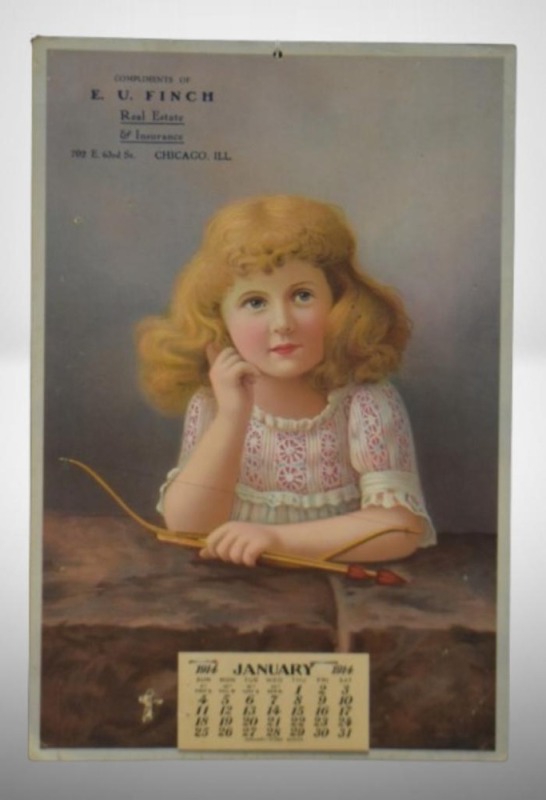 1914 advertising calendar - E.U. Finch Real Estate and Insurance, Chicago, IL - picture of sweet looking young girl
