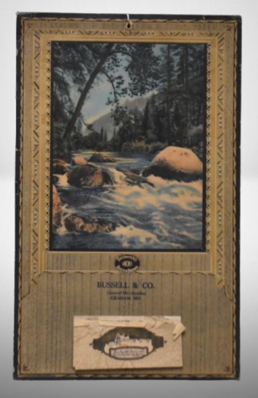 1930 advertising calendar - Buster Brown Shoes/ Bussell and Co., Graham, MO, "Merced River-Yosemite Valley"