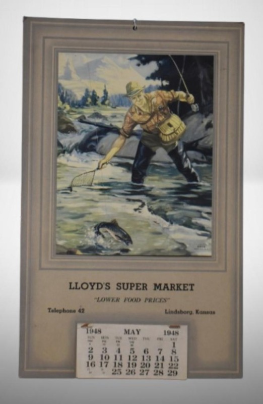 1948 advertising calendar - Lloyd's Super Market, Lindsborg, KS, trout fishing picture