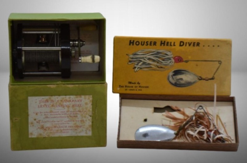 (2) Vintage fishing pcs: No. 200 Bull's Eye "Takapart" reel; Houser Hell Diver lure