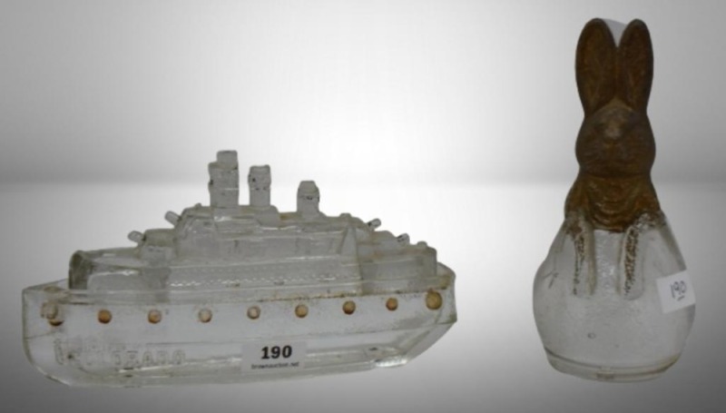 (2) Vintage glass candy containers: 1914 mrkd. "Colorado" steam ship; Rabbit in egg (missing lid)