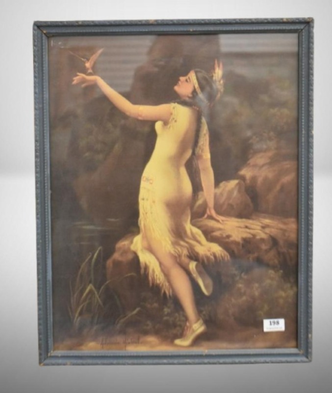 Indian maiden print by Adelaide Hiebel - bird lighting on maiden's hand