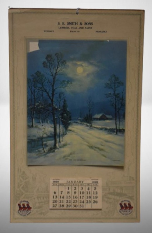 1929 Advertising calendar - S.E. Smith and Sons, Wolbach, NE., "Mid Winter Night"