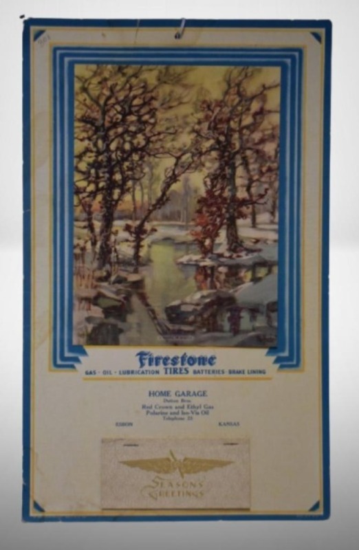 1931 Advertising calendar - Firestone/ Dutton Bros. Home Garage, Esbon, KS., "A Brook in Winter"