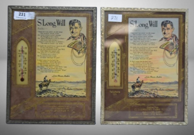 (2) Advertising thermometers featuring poem "S'Long Will" by Chase Butler: Great Bend, KS Packing Co.; Clearwater, KS Farm Supply