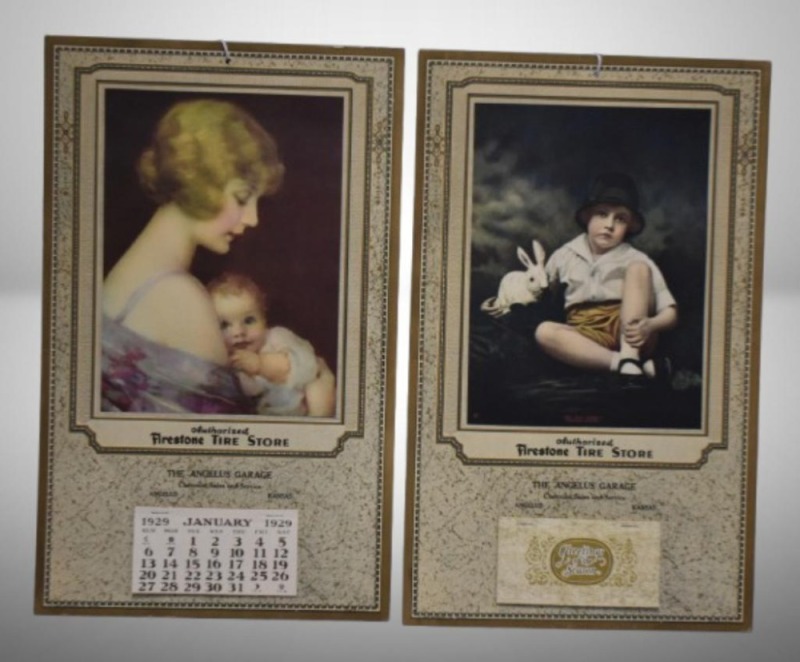 (2) 1929 Advertising calendars - The Angelus Garage/ Firestone Tire Store, Angelus, KS: "A Bit of Paradise"; "Boy and Rabbit (Modern Version)