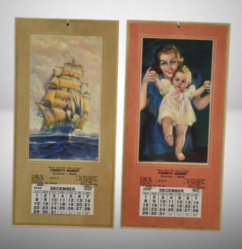 (2) 1940 Advertising calendars - Forrey's Market, Salina, KS: masted ship and mother w/ toddler prints
