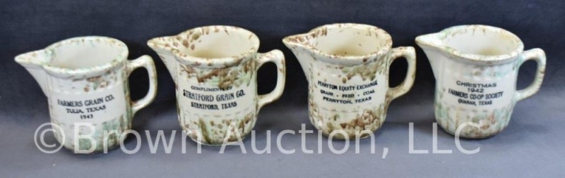 (4) Texas farmer's grain co. advertising spongeware milk pitchers - Perryton, Stratford, Quanah and Tulia