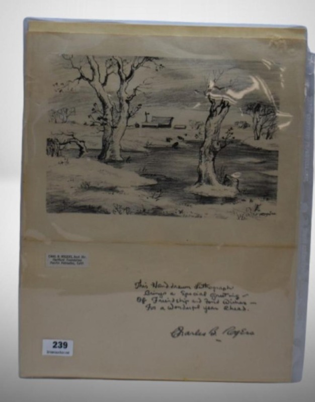 Hand drawn lithograph stationary piece by Charles B. Rogers, landscape scene