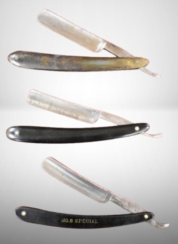 (3) Vintage straight edge razors: Harrison Bros. "The Colonial" (England); Simmons Hardware "No. 8 Special"; Norvell-Shapleigh "No. 9 Diamond Edge"