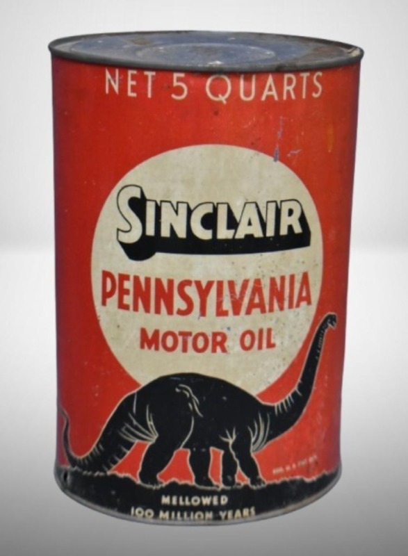 Sinclair Pennsylvania Motor Oil 5 qt. can, great dinosaur graphics, red