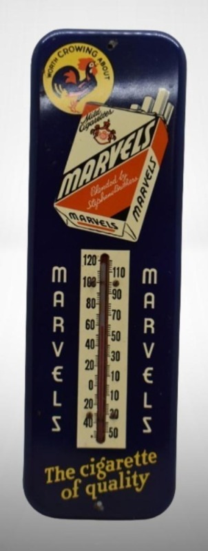 Advertising thermometer - Marvels Mild Cigarettes "Worth Crowing About"