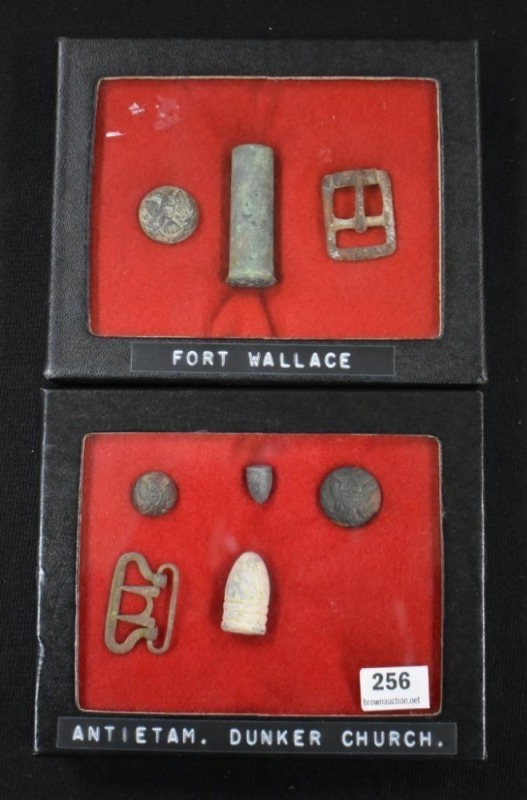 (2) Small displays of military relics/ artifacts from Ft. Wallace, KS and Antietam. Dunker Church