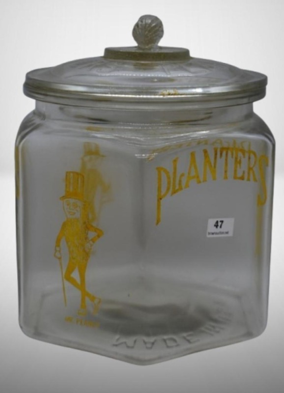 Planters Peanuts jar w/lid, hexagon-shape, Mr. Peanuts logo