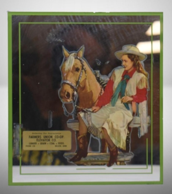 Advertising mirror w/ cowgirl and horse graphics - Farmers Union Co-op, Nelson, Nebr.