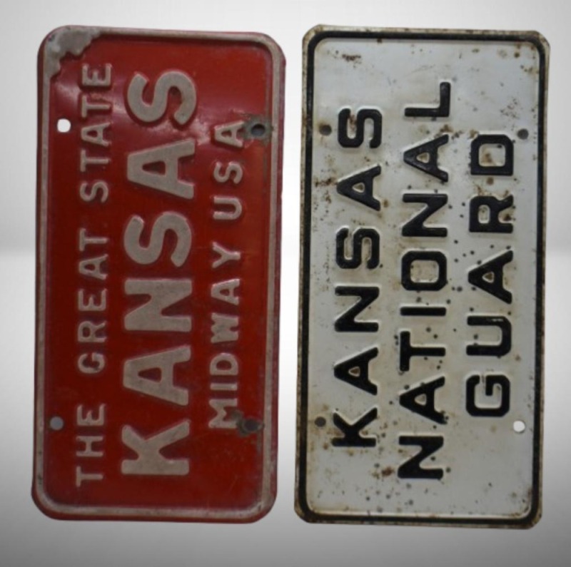 Vintage embossed steel Kansas license plates: National Guard and The Great State/ Midway USA