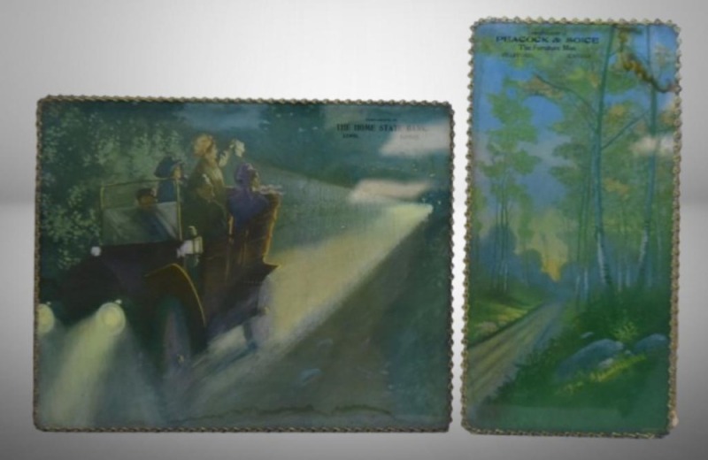 (2) Advertising pictures on glass with chain frames: Peacock and Soice, The Furniture Men, Stafford, KS; The Home State Bank, Lewis, KS