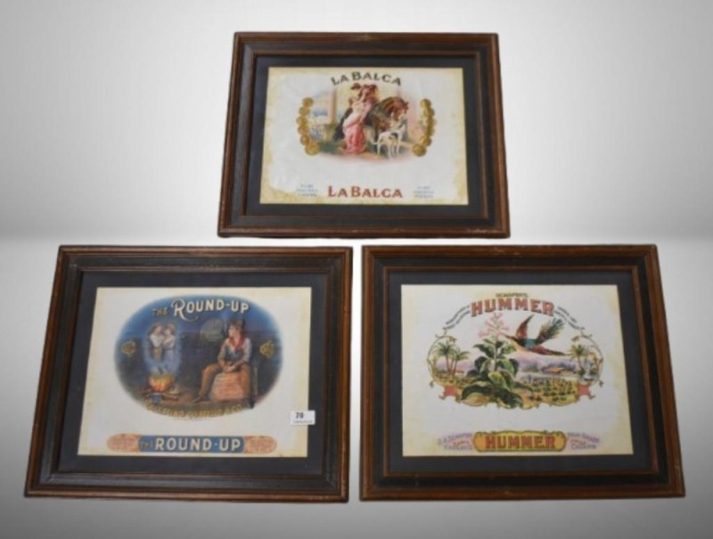 (3) Framed cigar box labels: LaBalca/ Pure Havana Cigars; Schafer's Hummer/ High Grade Cigars; The Round-Up/ Celestino Costello and Co.