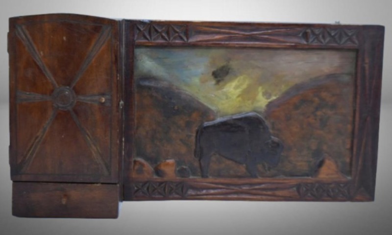 Wall hanging hand-carved wooden tobacco/ jewelry? piece, buffalo scene