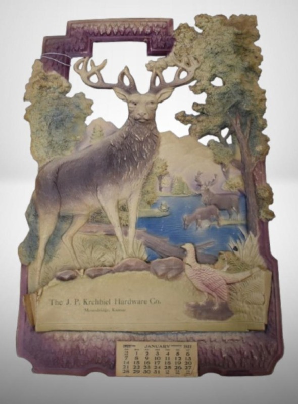 Advertising 1923 calendar w/ embossed and cut-out wildlife scene - The J.P. Krehbiel Hardware Co., Moundridge, KS