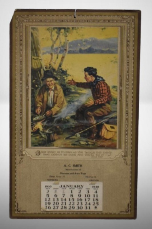 1930 Advertising calendar - A.C. Smith Harness and Auto Tops, Newberg, OR, "The One that got Away"