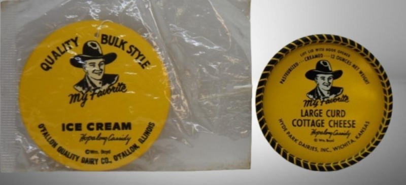 (2) Hopalong Cassidy novelties: 1950's My Favorite Ice Cream 4.75"d sign or lid; My Favorite Cottage Cheese 4.25"d metal lid