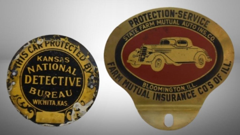 (2) License plate toppers: State Farm Mutual Auto Ins., Bloomington, ILL; KS National Detective Bureau, Wichta, KS