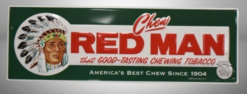Chew Red Man Tobacco single sided tin embossed advertising sign
