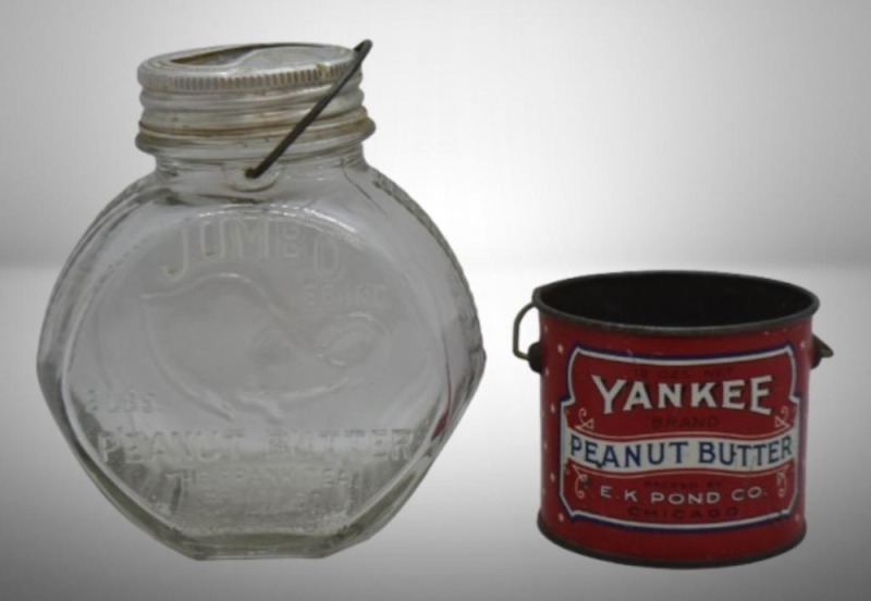 (2) Vintage Peanut Butter containers: Yankee Brand pail, 12 oz. net; Jumbo Brand glass jar, 2 lbs.