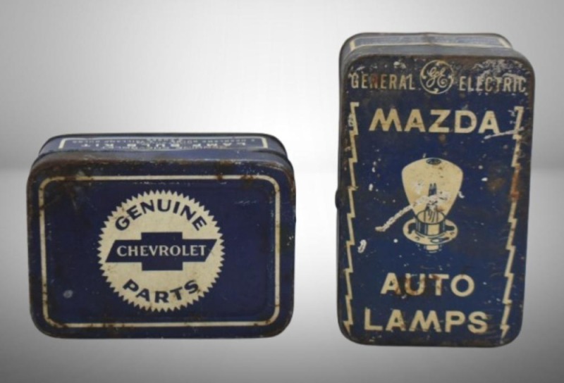 (2) Vintage lamp tins: GE Mazda auto lamp; Chevrolet bulb kit