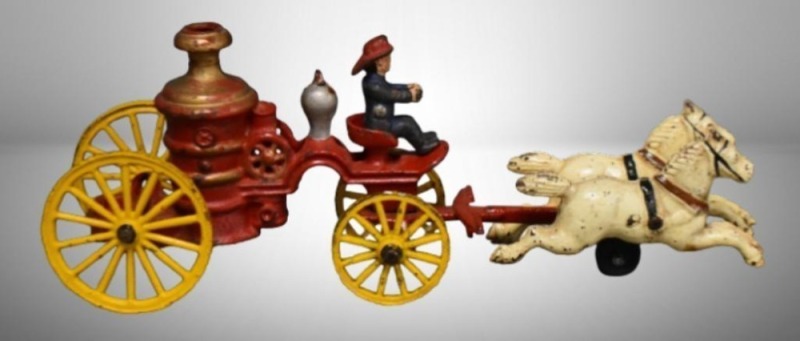 Cast Iron 2-horse drawn fire engine pumper wagon w/ driver