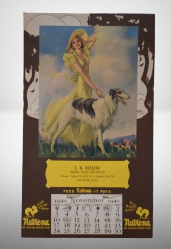 1940 Advertising calendar - J.B. Major Grain, Feed and Seeds, Mentor, Kan., print of pin-up woman w/ Russian Wolfhound dog