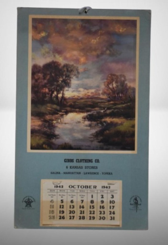 1942 Advertising calendar - Gibbs Clothing Co./ Poll-Parrot Shoes/ 6 KS Stores, "Sunset in the Country