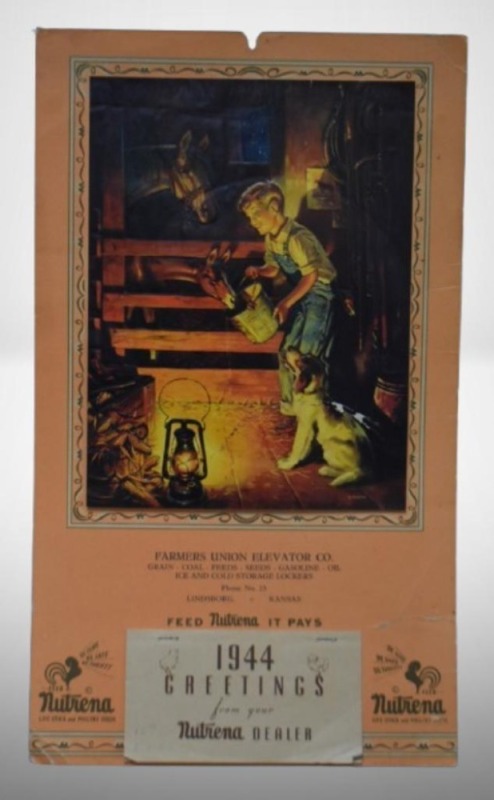 1944 Advertising calendar - Farmers Union Elevator Co., Lindsborg, KS, print of young boy and his dog in barn feeding colt