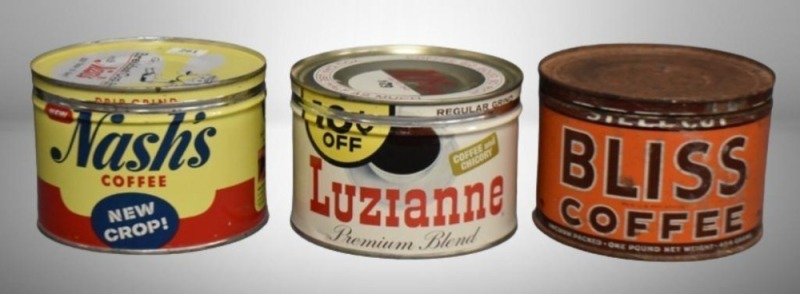 (3) 1 lb. coffee cans: Nash's New Crop; Luzianne Premium Blend; Bliss