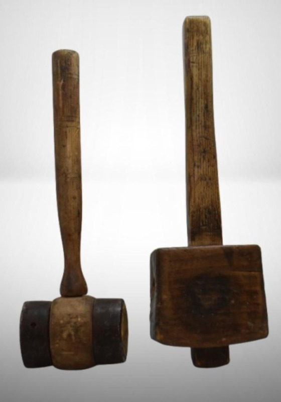 (2) Primitive tools: 11.5"l wood and wrought iron mall hammer; 12.5"l wooden meat tenderizer mallet