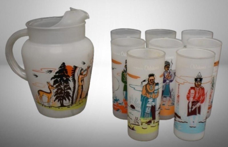 Acee Blue Eagle "Famoun Oklahoma Indians" 8 frosted glass tumblers and pitcher set