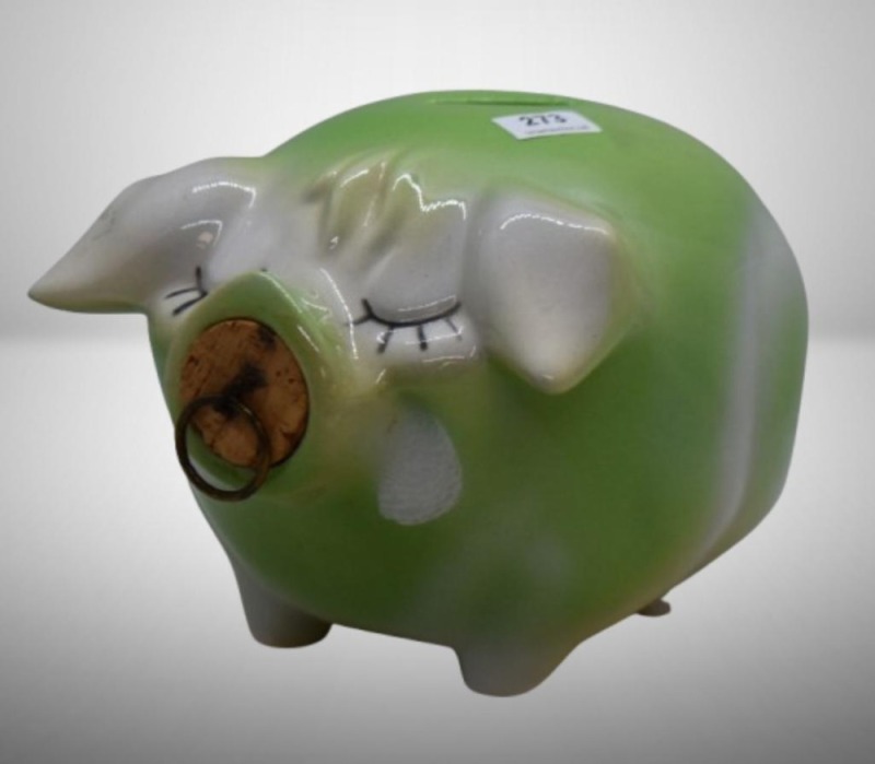 Hull Pottery Corky pig bank, green and white coloring