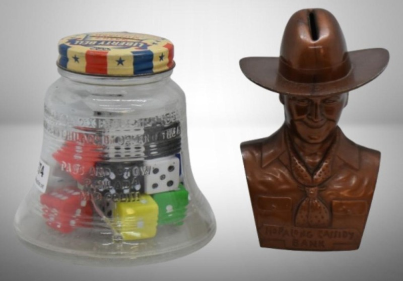 (2) Novelty advertising banks: Hopalong Cassidy, 4" tall, Mid Kansas Federal Savings and Loan, Wichita, KS; Liberty Bell, 4" tall, Nash's Mustard, Chicago