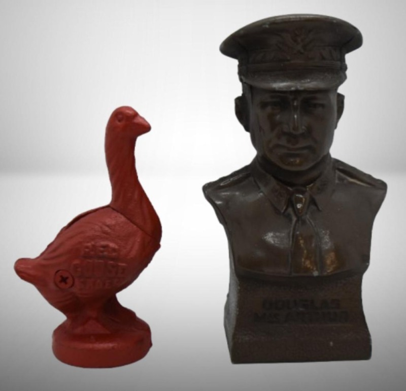 (2) Novelty advertising banks: Red Goose Shoes, 4.5" tall; Douglas MacArthur, 6" tall, The Home State Bank, McPherson, KS