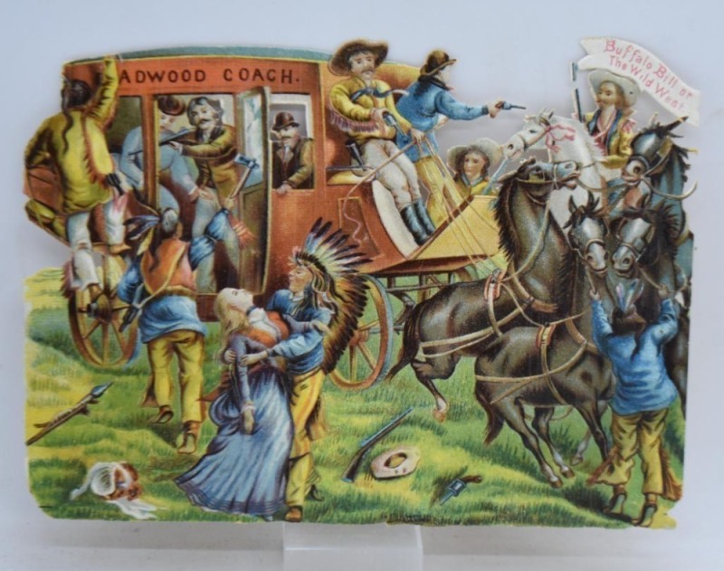 Advertising piece/ illustration of Buffalo Bill of The Wild West featuring Indian attack on a Deadwood Coach