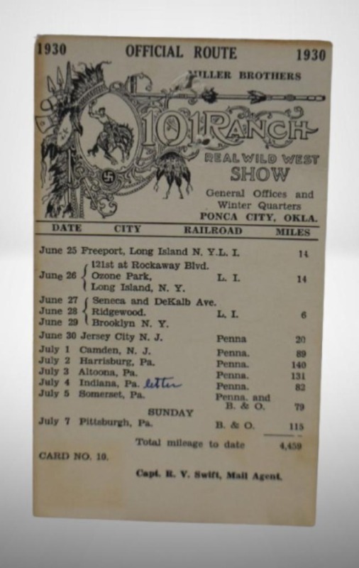 Miller Bros. 101 Ranch Wild West Show postcard - 1930 Official Route