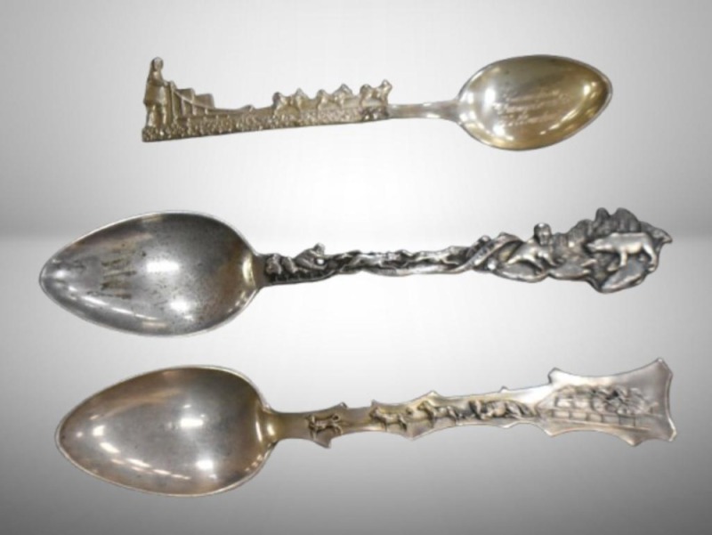 (3) Mrkd. Sterling Alaska souv. sugar spoons with heavily embossed scenic handles