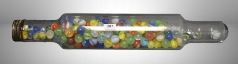 16"l glass rolling pin full of mixed assortment of glass marbles