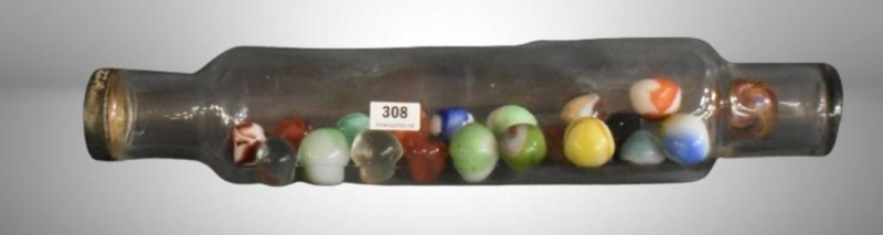 14"l glass rolling pin with (22) mixed assortment of shooter marbles