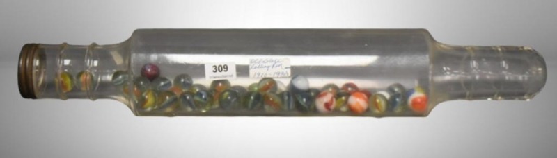 16"l glass rolling pin with 40+ mixed assortment of glass marbles